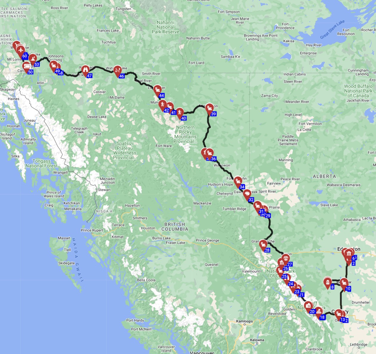 suggested RV route in Canada from Edmonton to Whitehorse motorhome trip planner